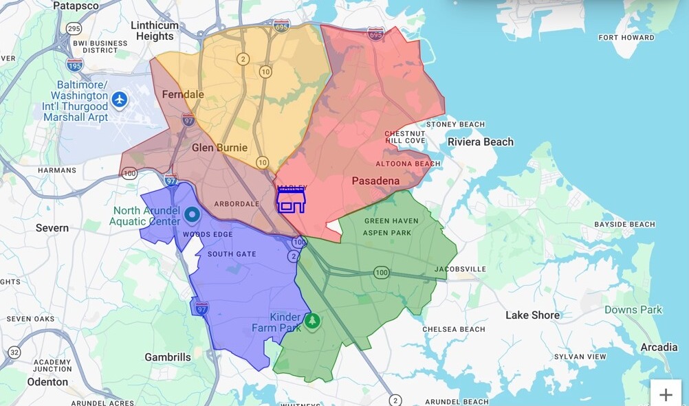 Hilltop delivery zones around Glen Burnie, Ferndale, Pasadena, and South Gate.